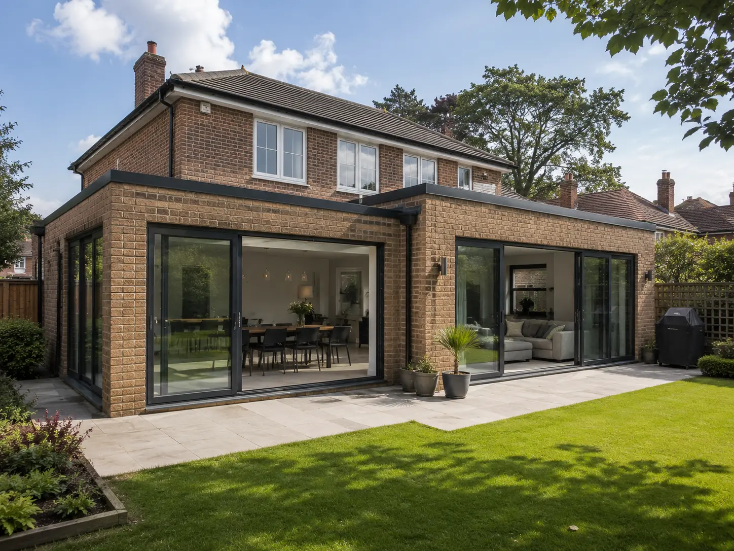 Modern wrap around house extension in Oxford with large sliding doors.