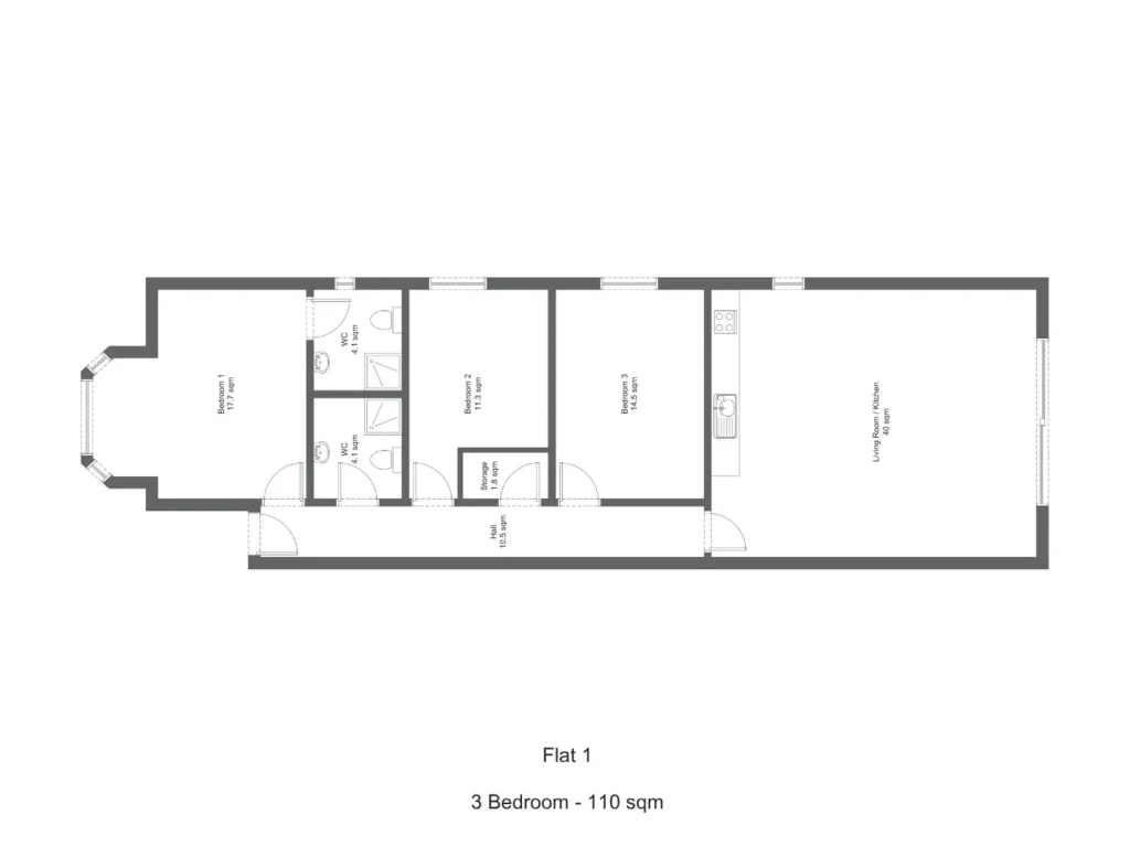 Floor plan for Apartment 1 at Kingston Road, Ewell, showing a 3-bedroom 110 m² layout.
