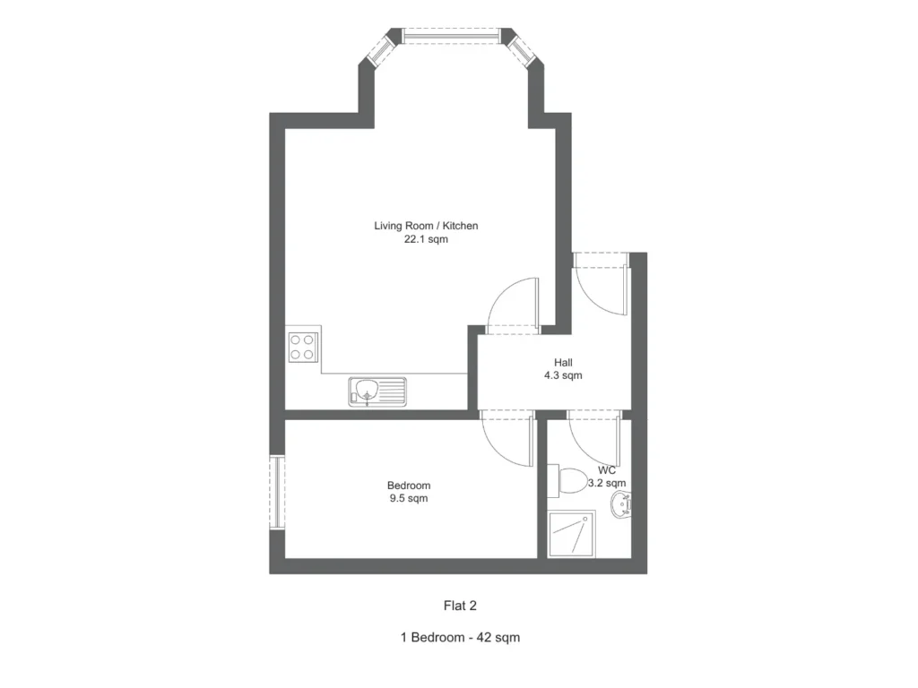 Floor plan for Apartment 2 at Kingston Road, Ewell, showing a 1-bedroom 42 m² layout.