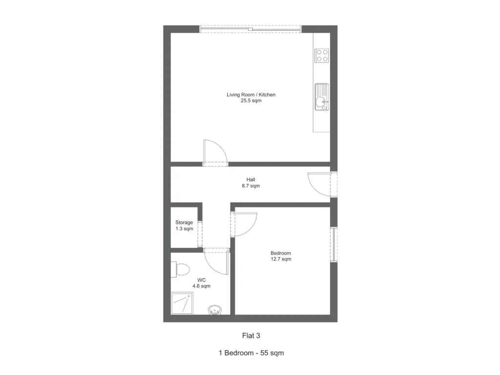 Floor plan for Apartment 3 at Kingston Road, Ewell, showing a 1-bedroom 55 m² layout.