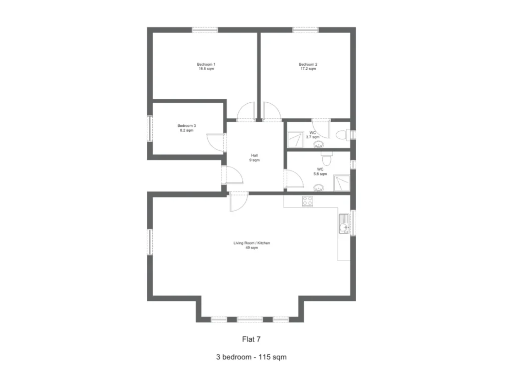Floor plan for Apartment 7 at Kingston Road, Ewell, showing a 3-bedroom 115 m² layout.