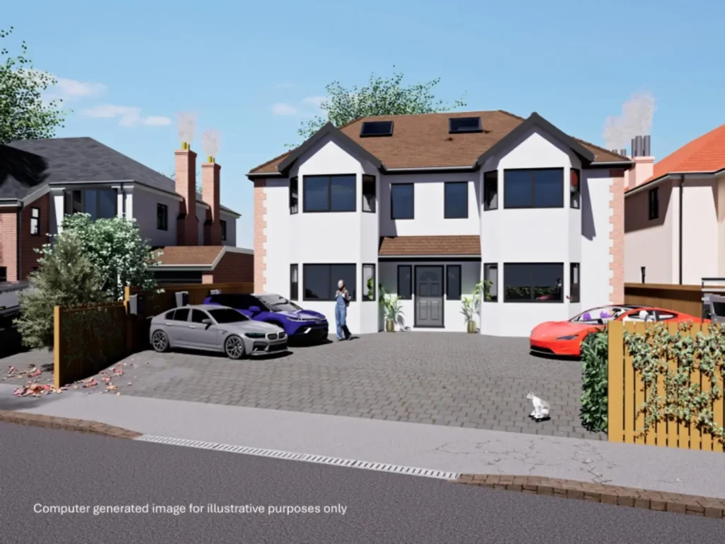 Architectural visual of the residential development at Kingston Road, Ewell, showing the front elevation, driveway and parking area.